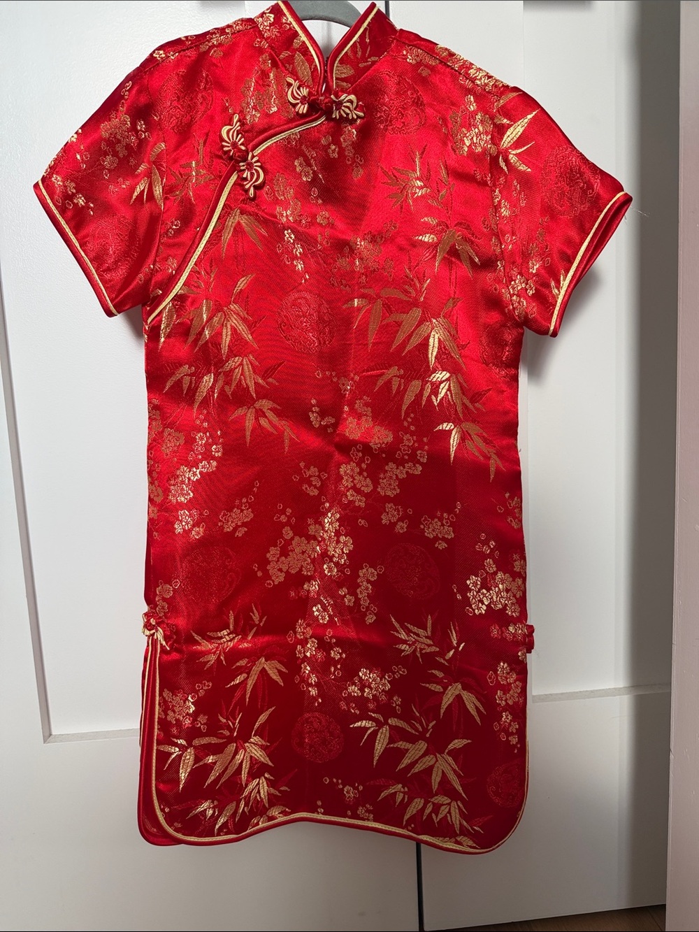 Girls' Red Satin Mandarin Collar Dress with Gold Floral Motif
